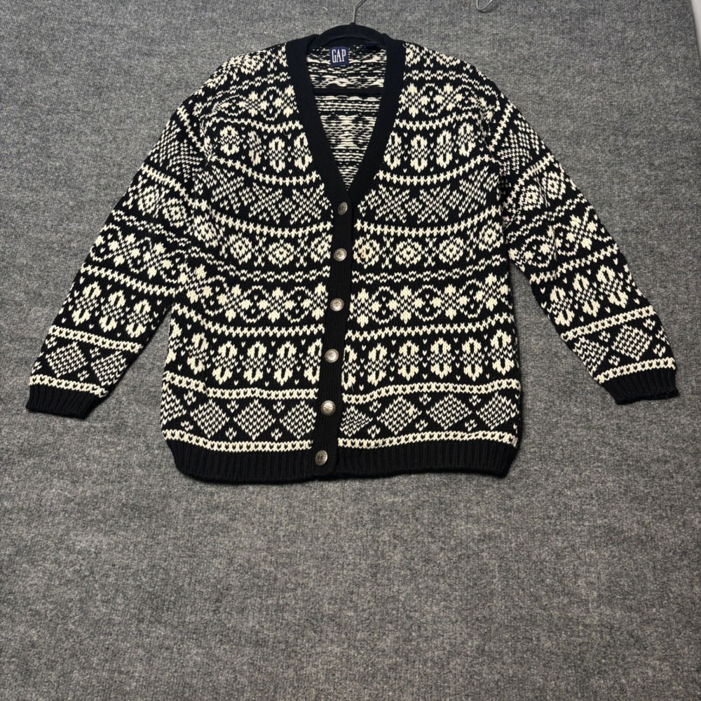 Gap Cardigan Sweater Womens Small Black Fair Isle 100% Cotton Pockets Made UK